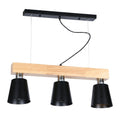 A modern 3-light linear pendant ceiling fixture with a natural oak wood bar, black metal shades, and a black ceiling mount bracket.