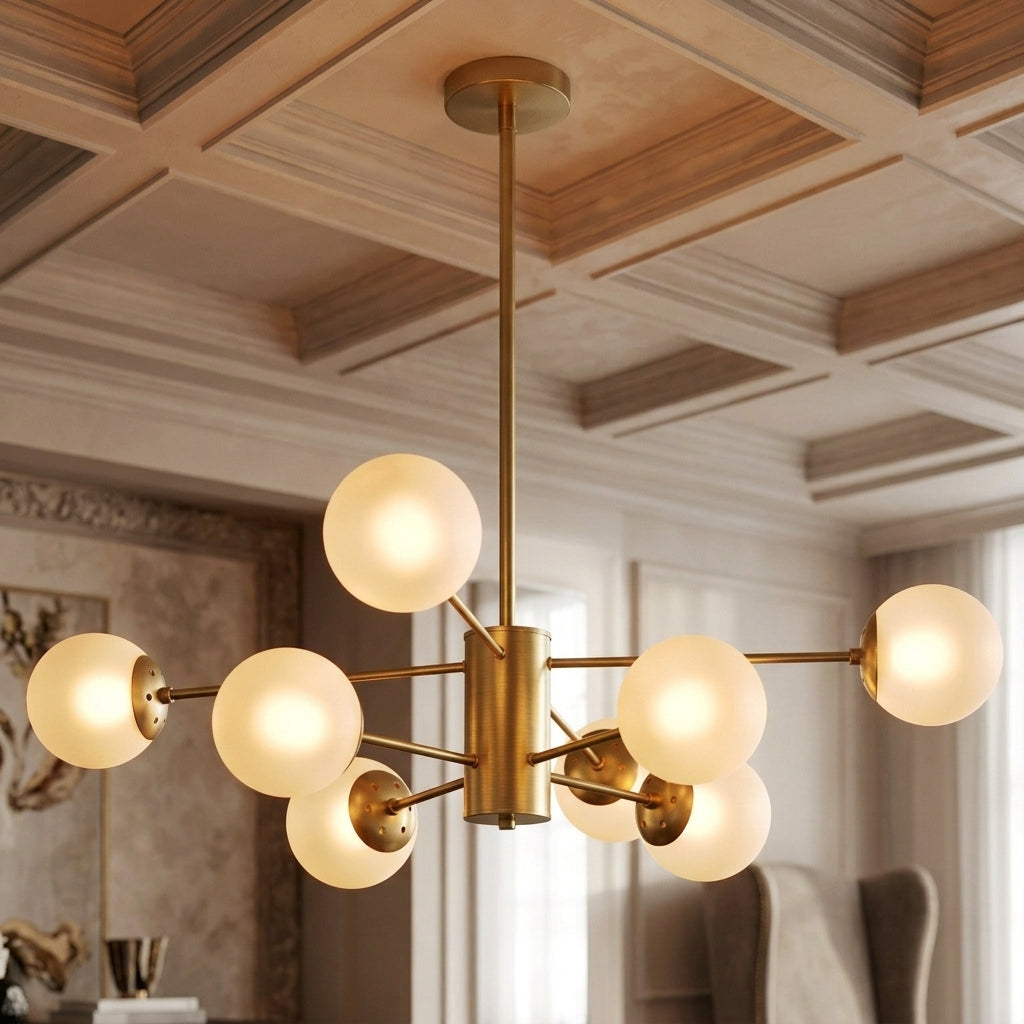 A modern multi-arm chandelier with spherical frosted glass shades and a brushed brass/gold metal frame, hanging in a decorated interior with a coffered ceiling.