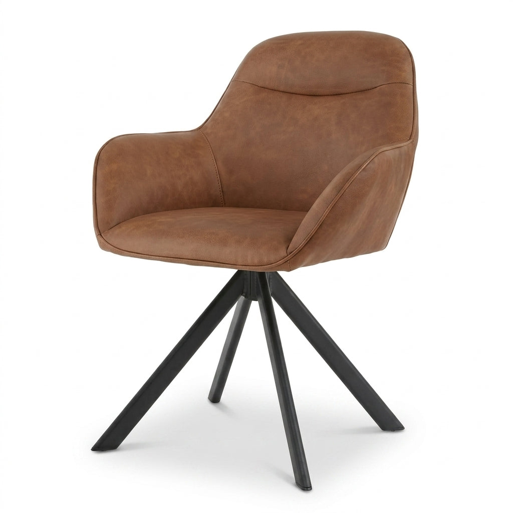 A modern accent chair with a brown faux-leather upholstered seat and curved backrest, supported by a black metal swivel base with four legs, shown on a white background.