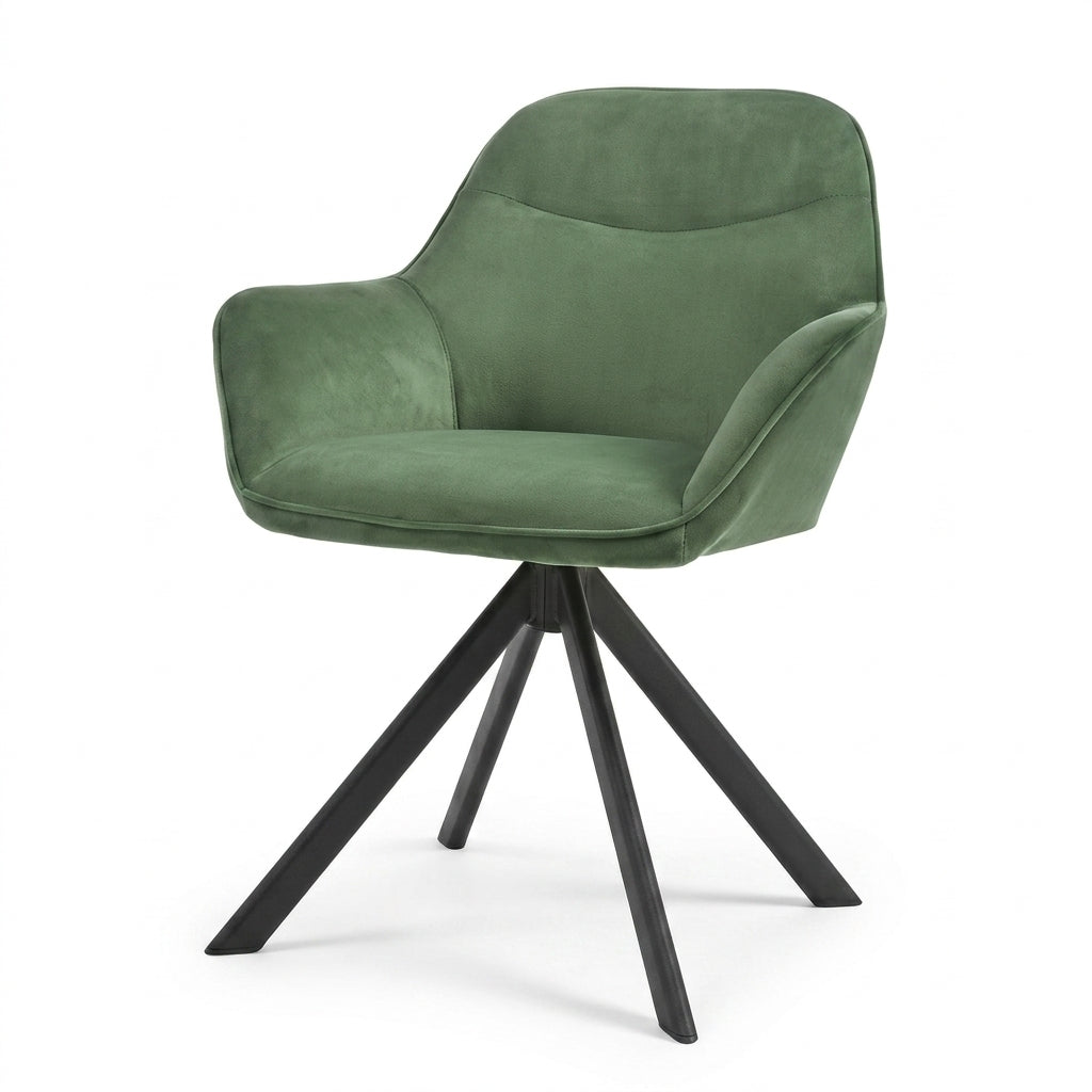 A modern accent chair with a green velvet upholstered seat and curved backrest, supported by a black four-star metal swivel base, shown against a plain white background.