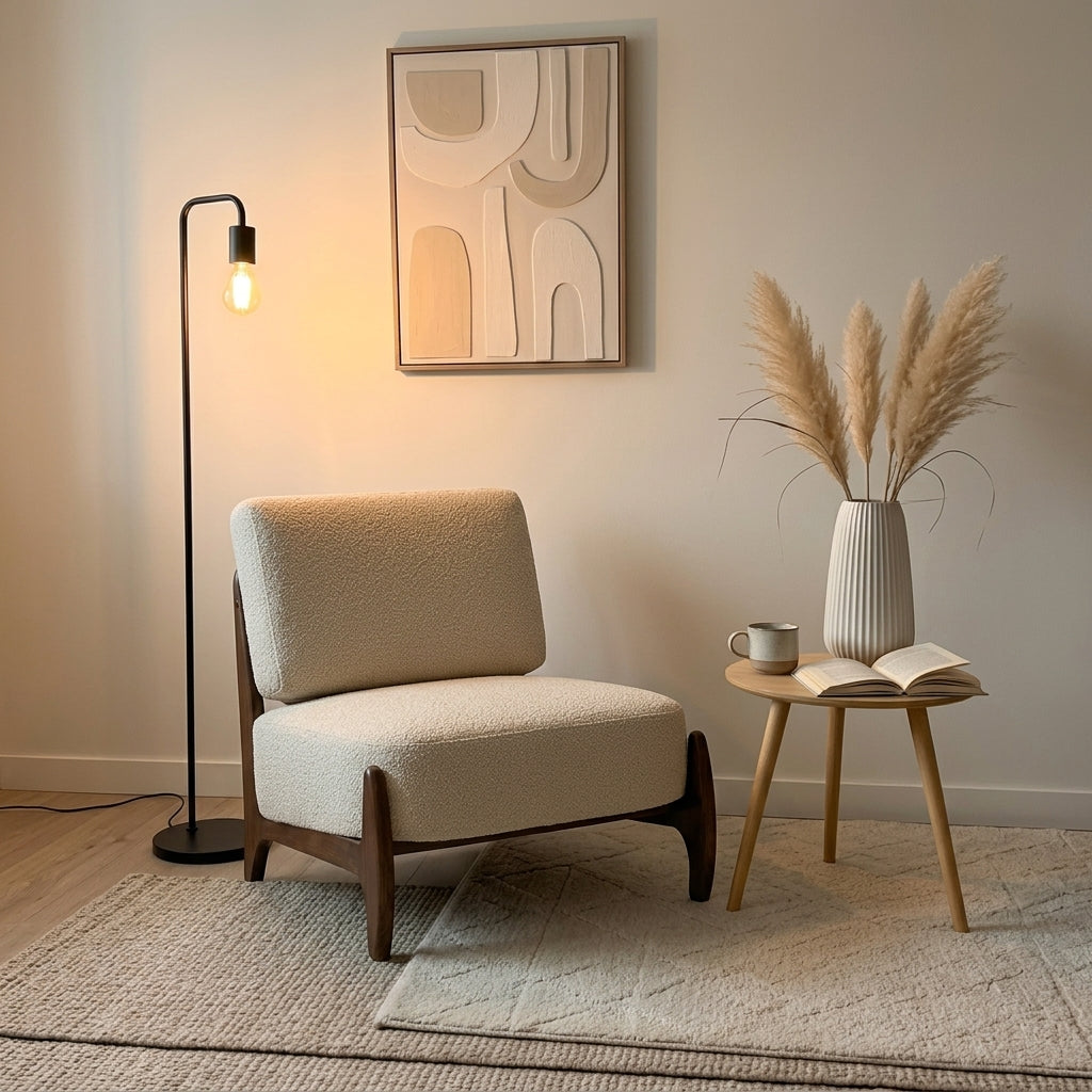 A modern beige bouclé armchair with dark wood legs, styled in a minimalist room next to a black floor lamp, a small wooden side table with a vase of pampas grass, and abstract wall art.