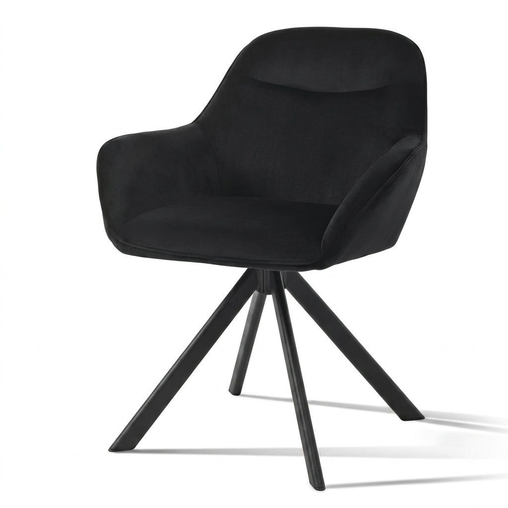 A modern black upholstered swivel chair with a curved backrest and four angled legs, shown on a clean white background.