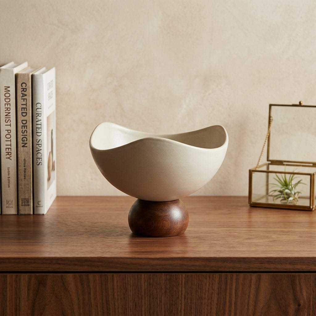 A modern ceramic bowl with a wavy, organic rim sits on a round wooden pedestal base on a wooden table. The bowl is a warm cream color, and the pedestal is dark brown wood.