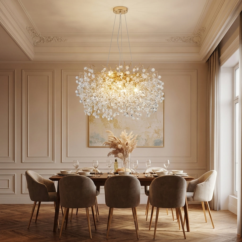 A large, modern chandelier with a gold-toned frame and numerous clear crystal-like droplets hangs over a dining table set with gray upholstered chairs in an elegant, warm-toned dining room.