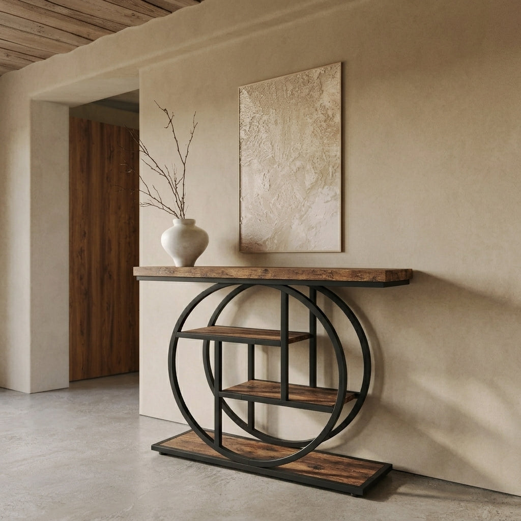 A modern console table with a dark wood top and shelf, supported by a large black circular metal frame, styled in a minimalist entryway with a vase and wall art.