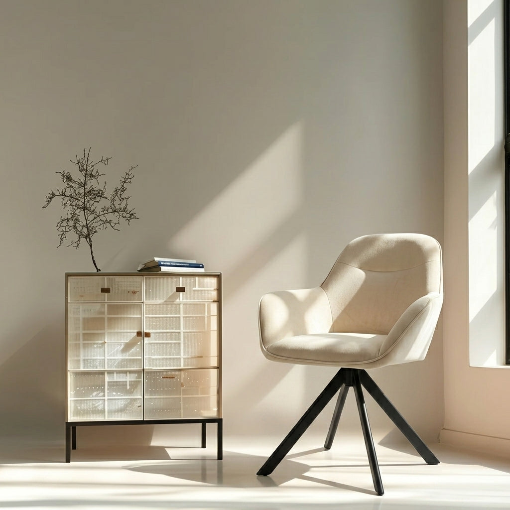 A modern cream upholstered swivel chair with black tripod legs sits beside a tall, narrow glass-and-wood cabinet in a sunlit room with warm neutral walls.