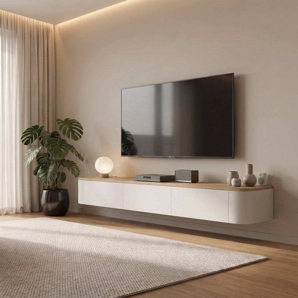 A modern floating TV stand in a minimalist living room, featuring a light wood top and white curved lower cabinets, with a wall-mounted flat-screen TV above it.