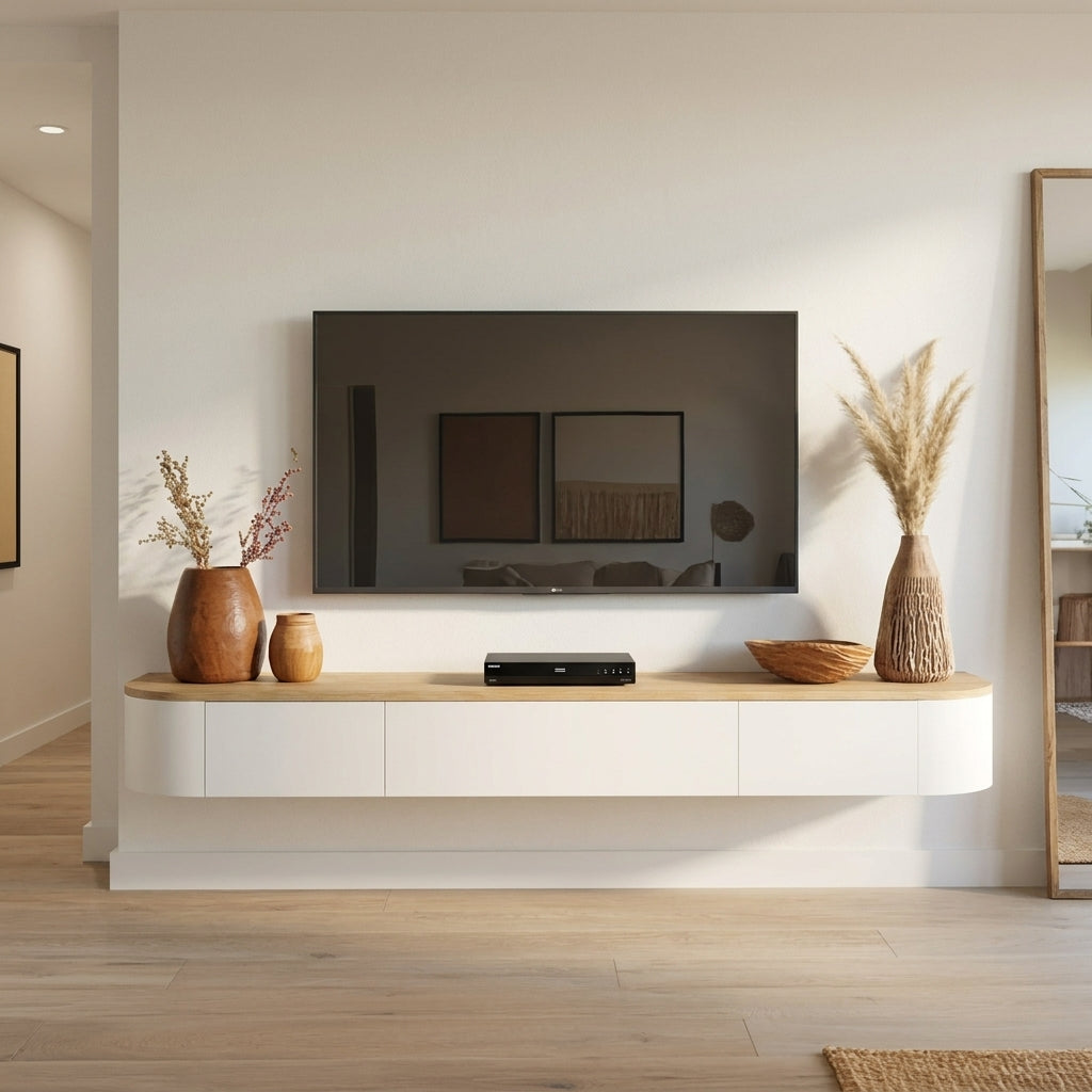 A modern floating white media console with a light wood floating shelf, styled in a minimalist living room with a wall-mounted TV, decorative vases, and a mirror.