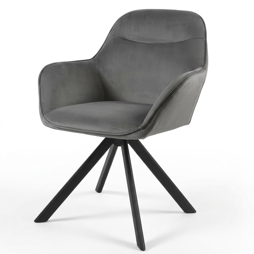 A modern gray upholstered swivel chair with a curved backrest and seat, supported by a black four-leg tripod base, shown on a clean white background.