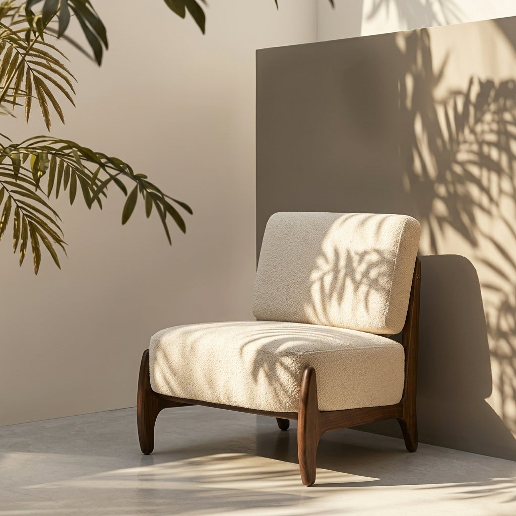 A modern lounge chair with cream bouclé upholstery and a dark wood frame, styled in a minimalist corner with palm leaf shadows cast across it.