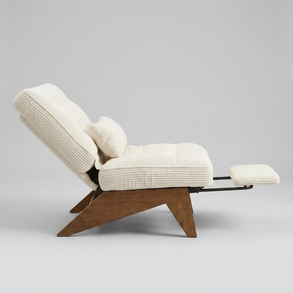 A modern lounge chair with cream ribbed fabric cushions and a wooden base, shown in a reclined position with an extended footrest on a light gray background.