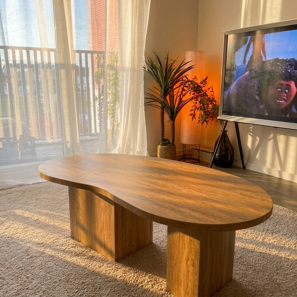 A modern organic-shaped wooden coffee table with chunky block legs in a warm, sunlit living room next to a TV stand and a potted plant.