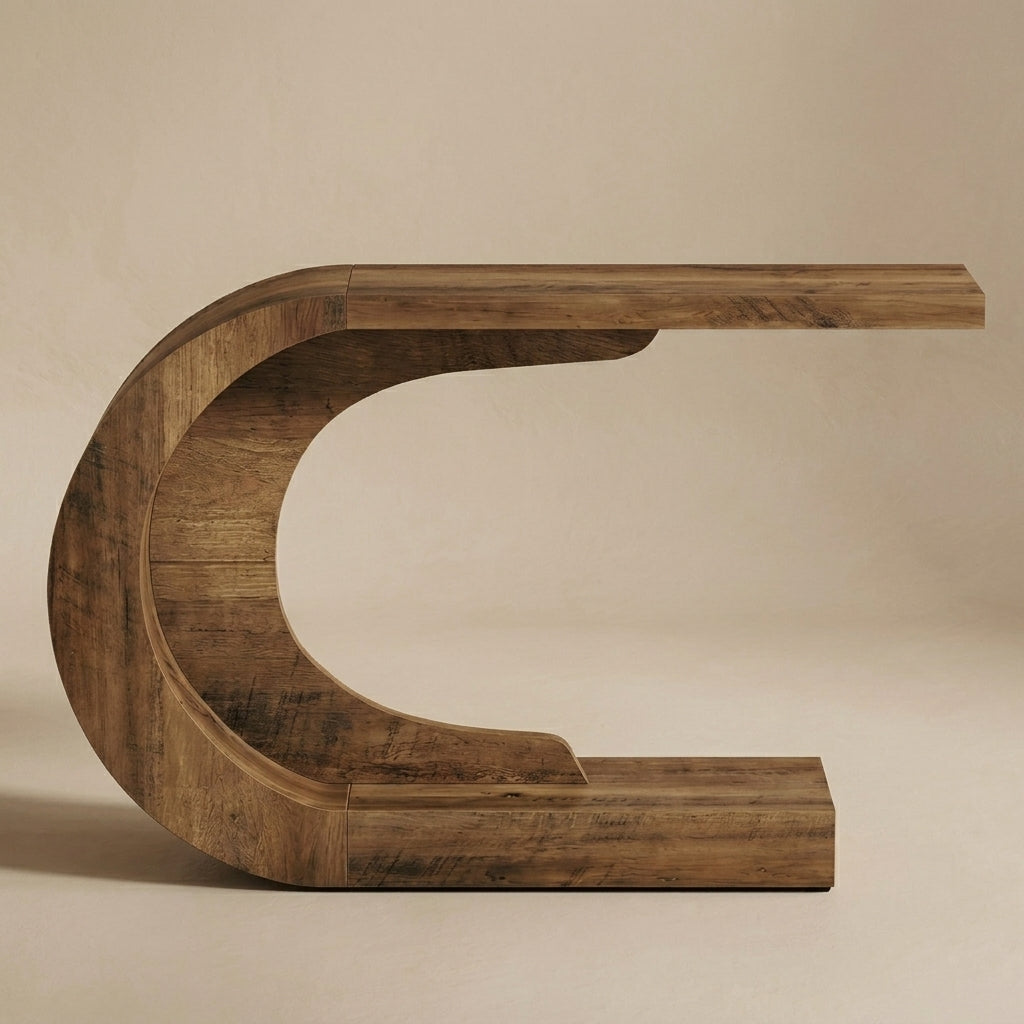 A modern sculptural C-shaped wooden console table or shelf with a rich brown wood grain finish, set against a neutral beige background.