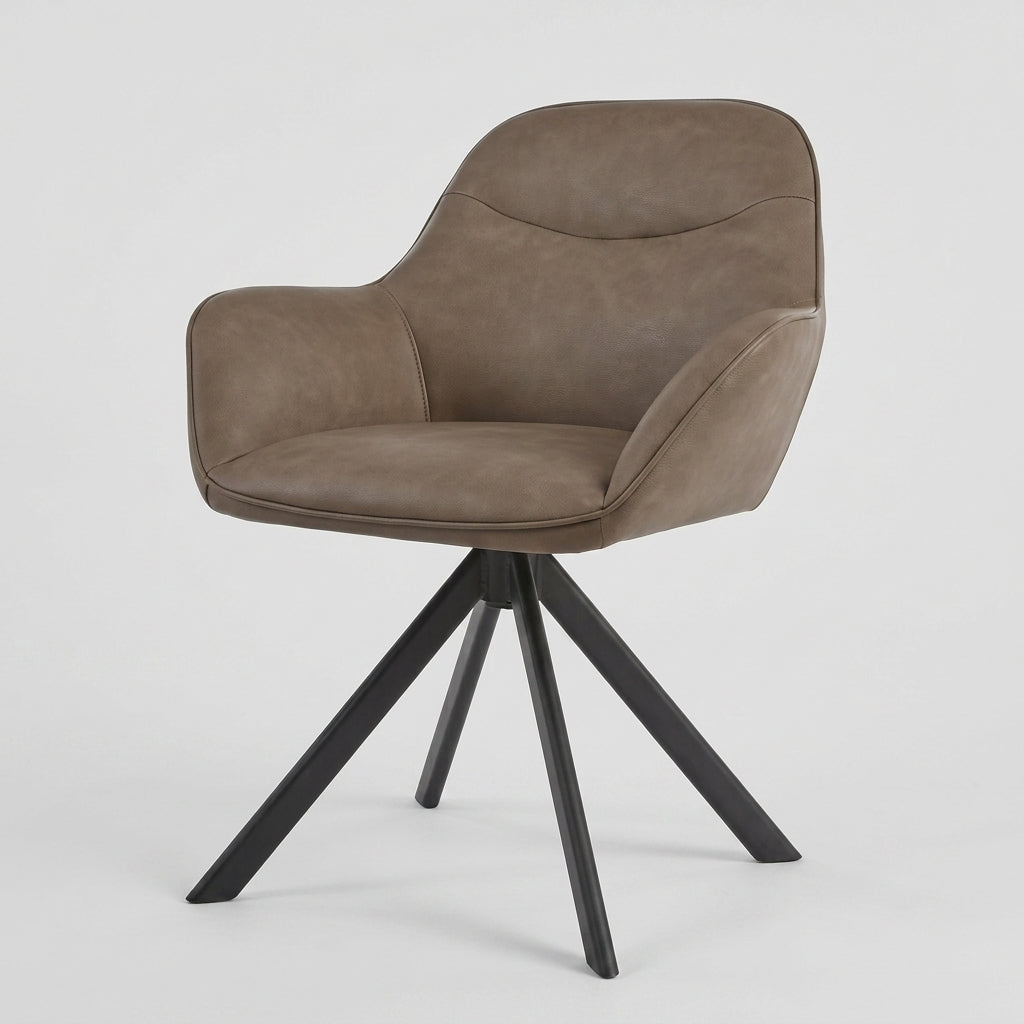 A modern swivel dining chair with a taupe-brown upholstered seat and curved backrest, supported by a black metal four-star base, shown against a light gray studio background.