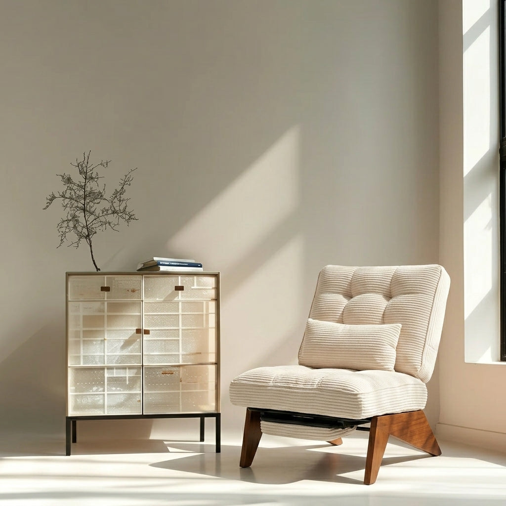 A modern tufted armchair in cream corduroy fabric with a matching pillow, positioned next to a matching cream side cabinet with clear glass doors and a black metal frame, set against a warm beige wall with natural sunlight casting soft shadows.