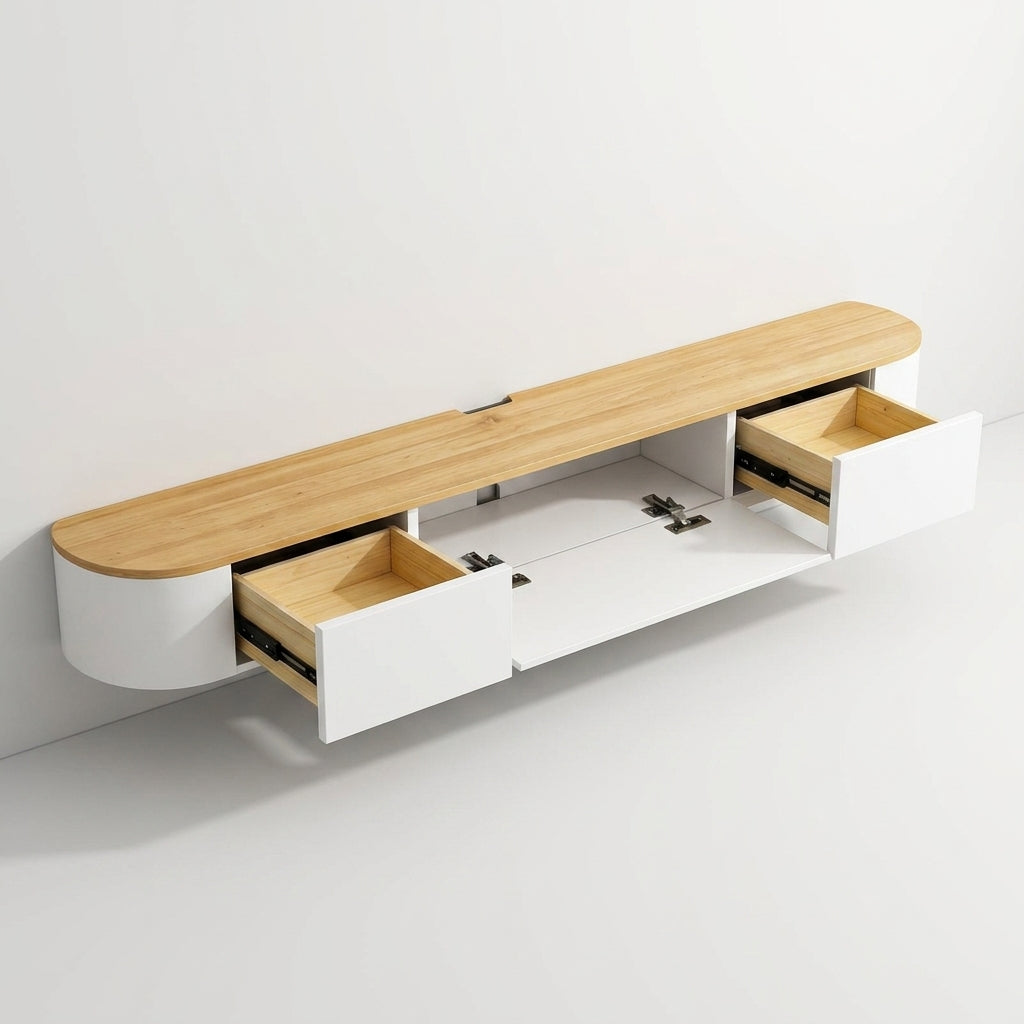 A modern wall-mounted media console with a light natural wood top and white cabinet body, shown with two open drawers and one open lower cabinet against a clean white wall.