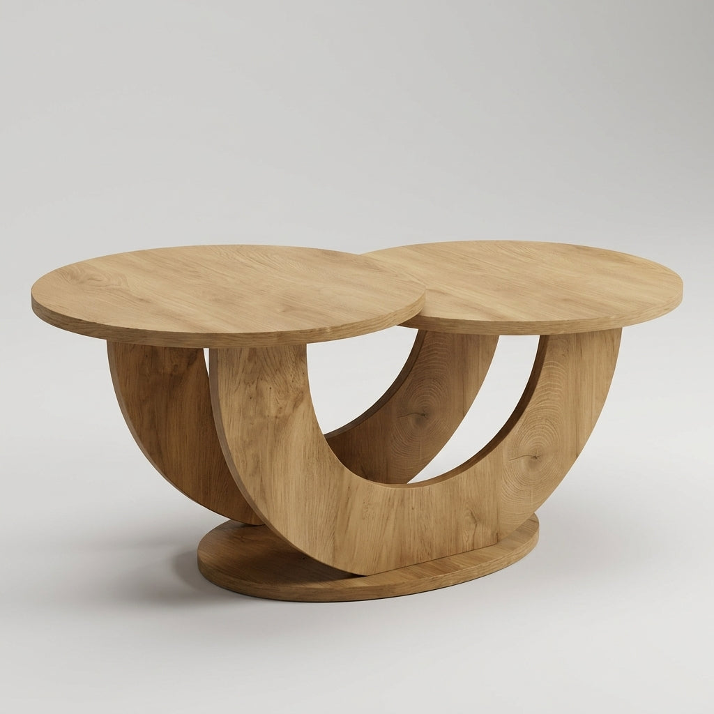 A modern wooden coffee table with two circular tabletops connected by a sculptural curved base, shown on a light gray studio background.