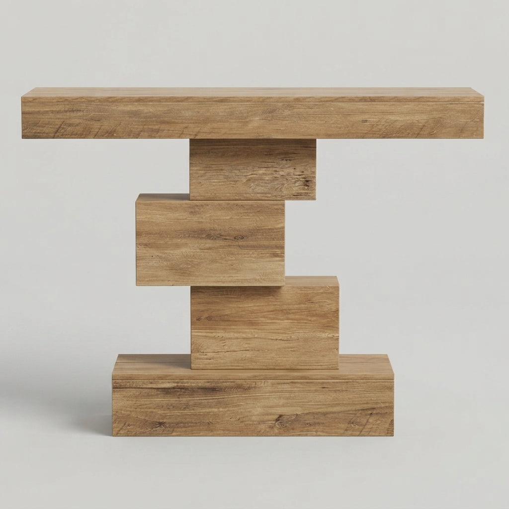A modern wooden console table with a natural oak finish, featuring a thick rectangular top and three stacked, staggered block bases, shown against a neutral light gray background.
