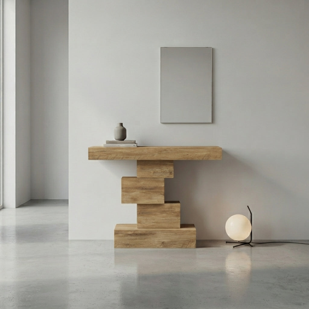 A modern wooden console table with a stacked, geometric block base, styled in a minimalist entryway with a wall mirror, a small vase, and a floor lamp.