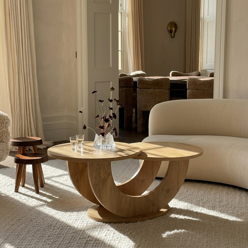A light natural wood coffee table with a sculptural curved base sits in a sunlit living room beside a cream sofa and small wooden stools.