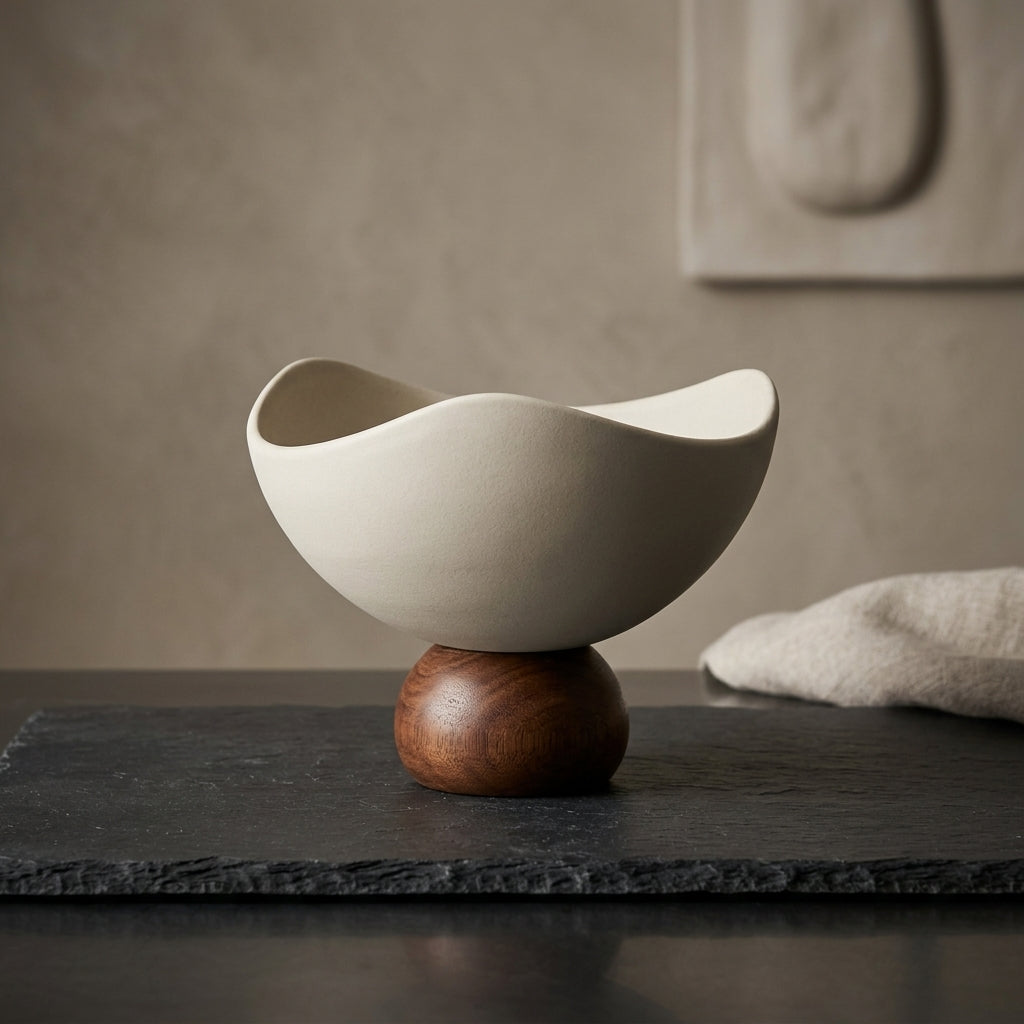 An off-white ceramic bowl with a wavy, organic rim, resting on a round dark brown wooden pedestal. The bowl is set on a dark slate tray against a warm, textured beige background with a soft, out-of-focus neutral textile in the background.
