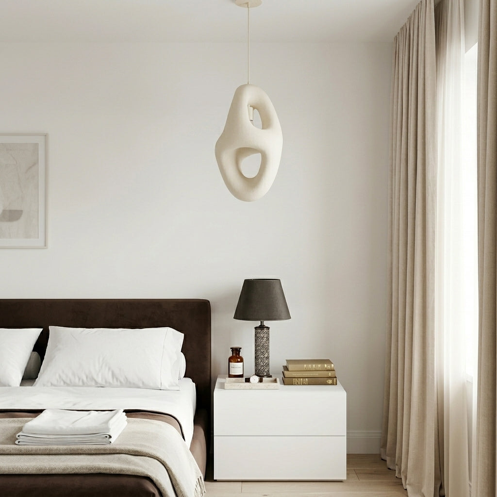 A modern bedroom scene featuring a sculptural, organic-shaped cream pendant light hanging above a bed with a dark brown headboard and white bedding. A white nightstand with a black lamp and books sits beside the bed, set against a neutral wall with beige curtains.