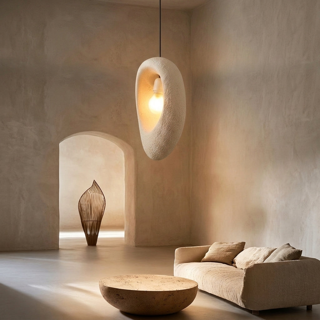 A modern organic-shaped pendant light with a textured beige exterior hangs over a minimalist beige living room setting with a low round coffee table and a sofa.