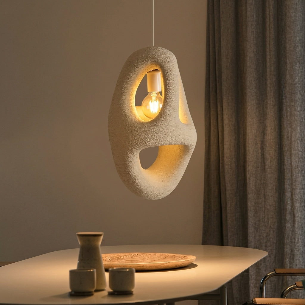 An organic-shaped pendant light with a textured matte finish, glowing with a warm light from an exposed bulb, hanging in a modern dining room above a table with teacups.