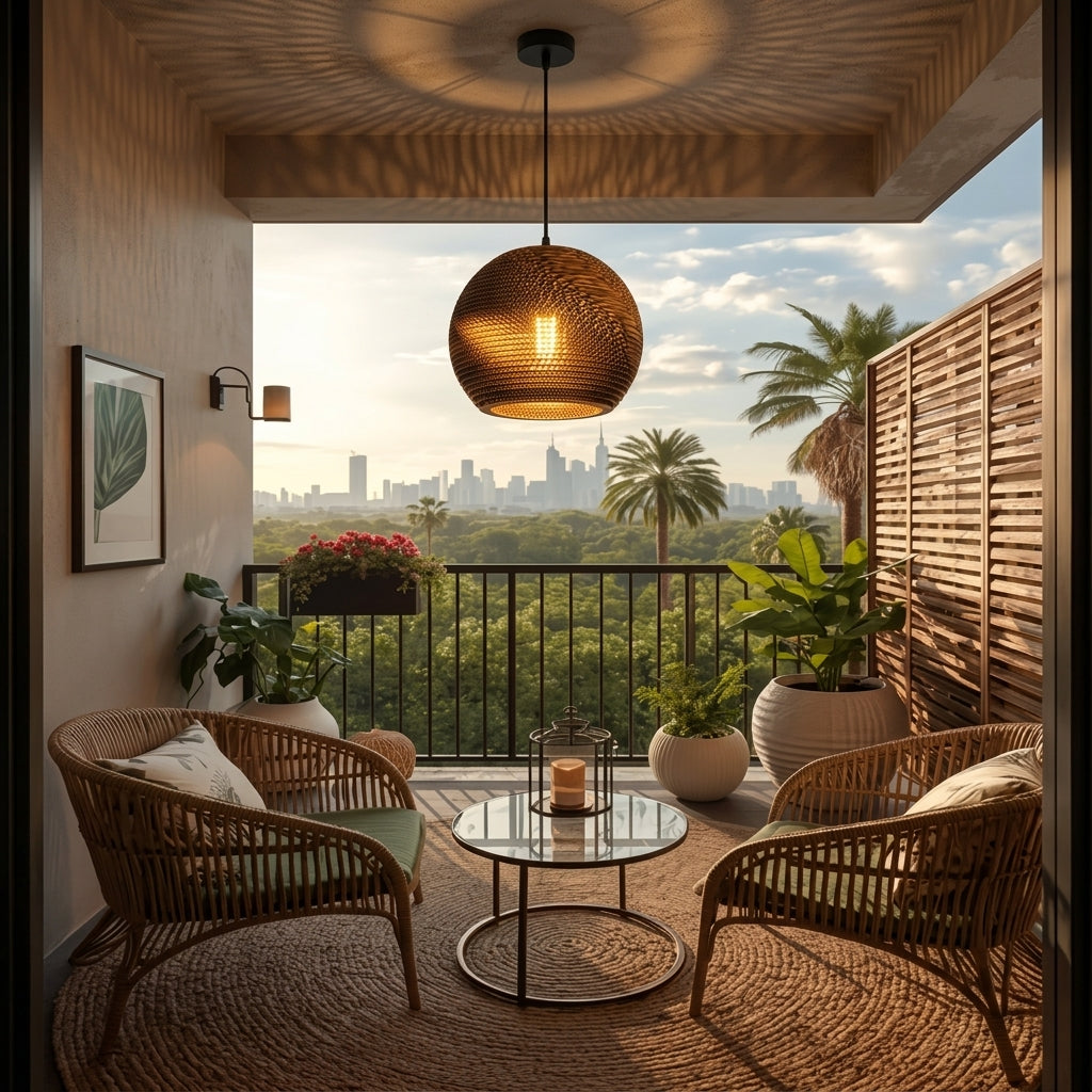 A styled outdoor balcony seating area with two woven wicker armchairs, a small round glass-top coffee table, a hanging spherical woven pendant light, and a large window view of a city skyline with palm trees.