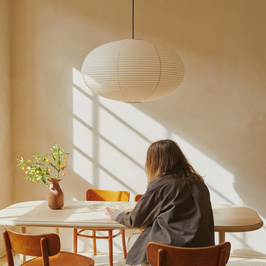 A woman sits at a wooden dining table in a warm, sunlit room, viewed from behind as she looks toward a hanging ribbed paper lantern pendant light. A small vase with yellow flowers sits on the table.