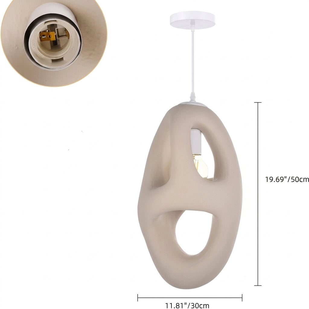 An abstract pendant light with a beige sculptural body and white cord, shown on a white background with dimension lines indicating 11.81" width and 19.