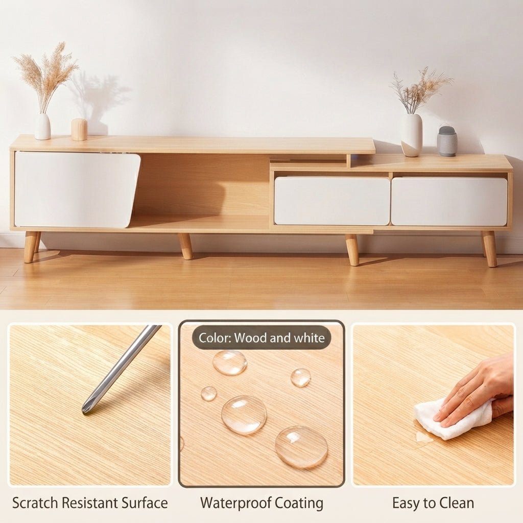 A light wood and white modern TV stand or media console shown in a styled room setting, with three inset detail panels below highlighting scratch resistance, waterproof coating, and easy cleaning.