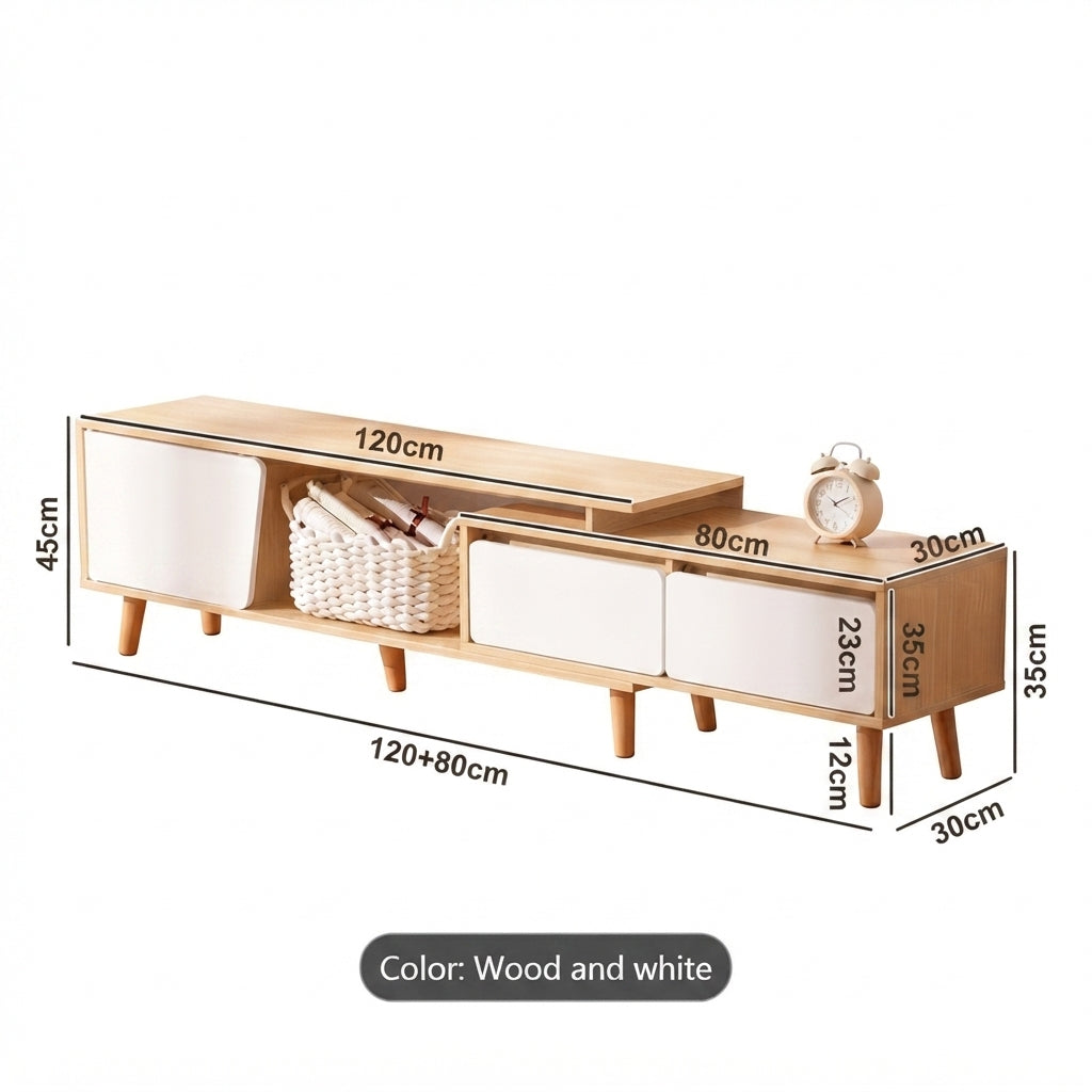 A wood and white modern TV stand with dimension labels showing measurements such as 120cm, 80cm, 30cm, and 35cm on a white background.