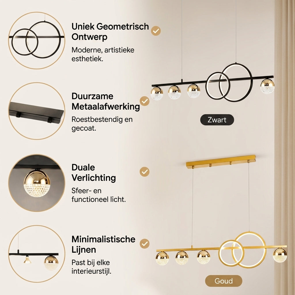 A product information graphic showing two modern linear chandeliers with circular ring details in black and gold finishes, labeled 'Zwart' and 'Goud' on a beige wall background with feature callouts in Dutch.