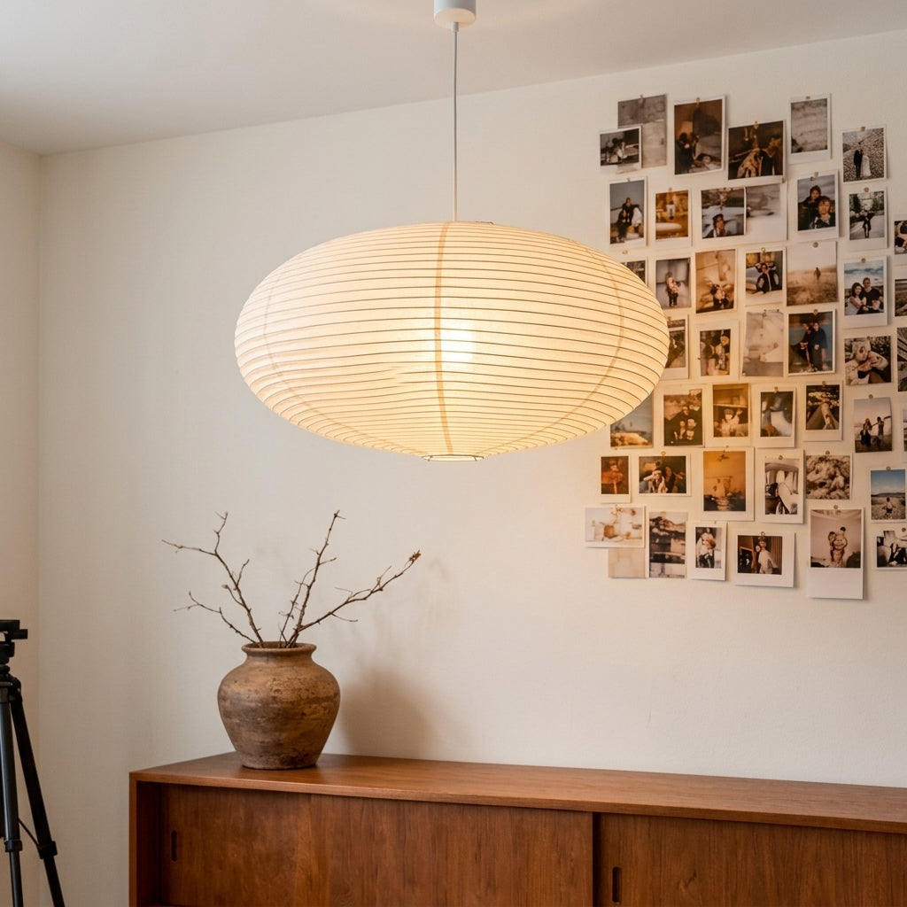A warm, ribbed oval pendant light hanging in a styled room above a wooden sideboard, with a ceramic vase and a collage of photographs on the wall.