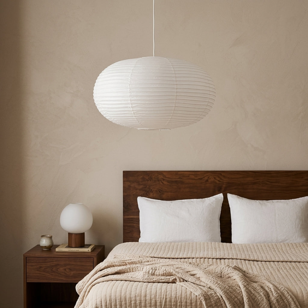A white ribbed paper lantern pendant light hangs above a bed in a minimalist bedroom with a dark wood headboard, beige walls, and neutral bedding.