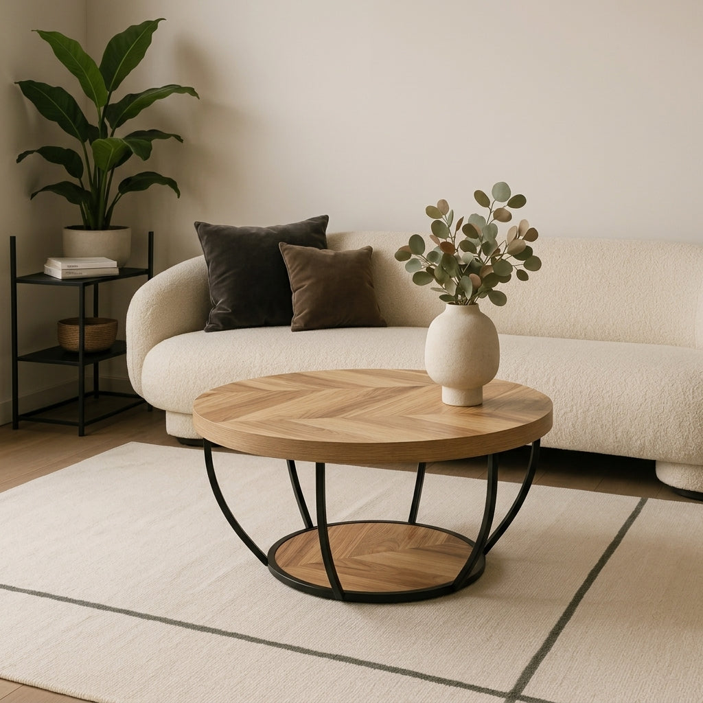 A round coffee table with a light wood chevron-patterned top and black metal curved legs, styled in a modern living room setting with a cream boucle sofa, a potted plant, and a vase of eucalyptus.