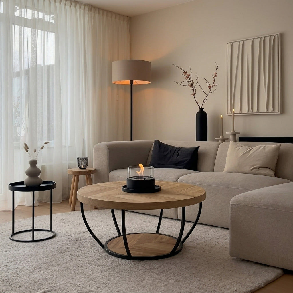 A modern living room scene featuring a round light-wood coffee table with a black metal circular base, styled on a beige rug in front of a light gray sectional sofa.