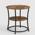 A round two-tier side table with a rustic brown wood-grain top and black metal frame, shown against a light gray background.