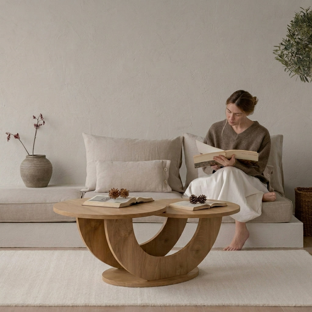 A woman sits barefoot on a low sofa reading a book in a softly lit, minimalist room. In front of her is a round wooden coffee table with two nested oval tops and a sculptural curved base.