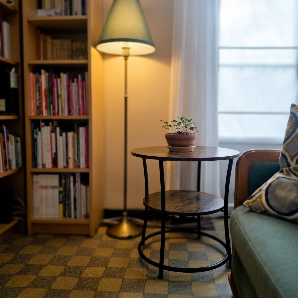 A cozy interior scene with a small round wooden side table with a black metal frame, placed beside a green sofa. A floor lamp stands nearby, with a bookshelf and window in the background.