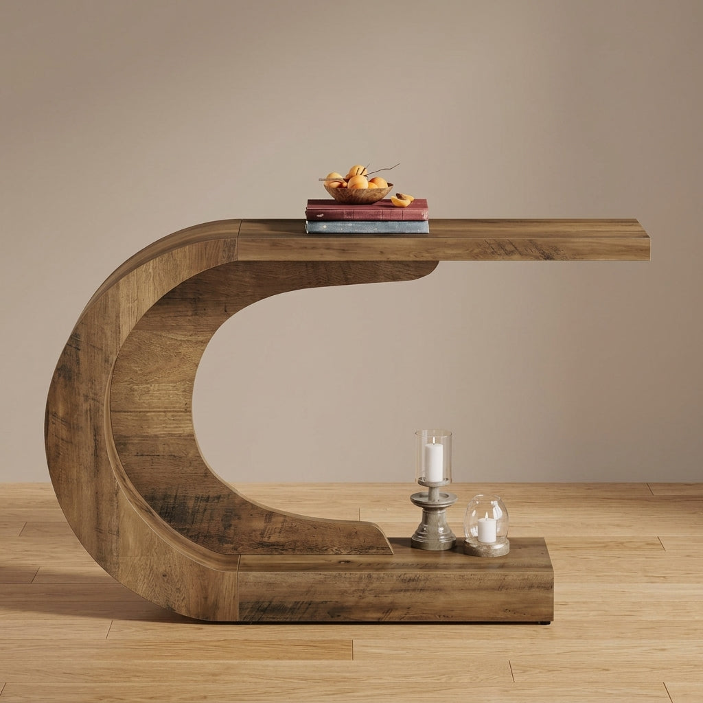 A rustic C-shaped wooden console table with a thick natural wood finish, styled with books, a decorative bowl, and candle holders against a neutral beige wall and light wood floor.