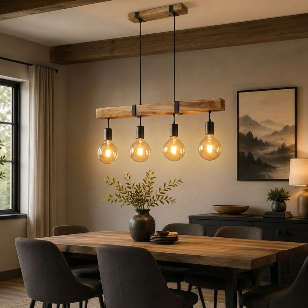 A rustic four-light linear pendant chandelier with a weathered wood bar and black metal hardware, hanging over a wooden dining table in a modern dining room.