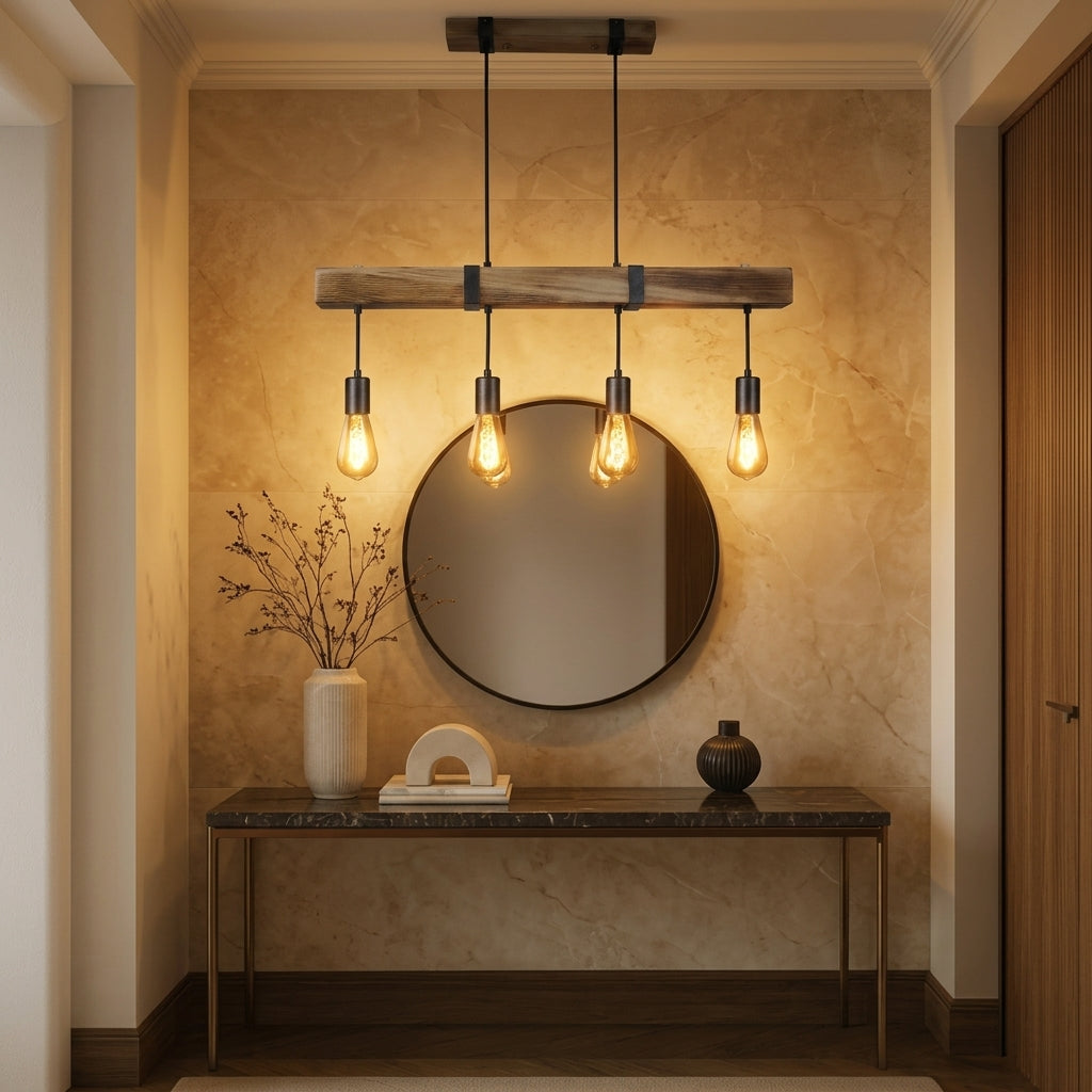 A rustic industrial-style pendant light with a weathered wood bar and three hanging Edison bulbs, mounted above a console table in a warmly lit entryway with a round mirror.