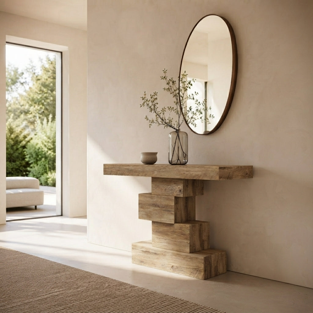 A rustic wooden console table with a tiered block base stands against a beige wall in a minimalist interior. A round wall mirror, a small vase with dried branches, and a small bowl sit on the tabletop.