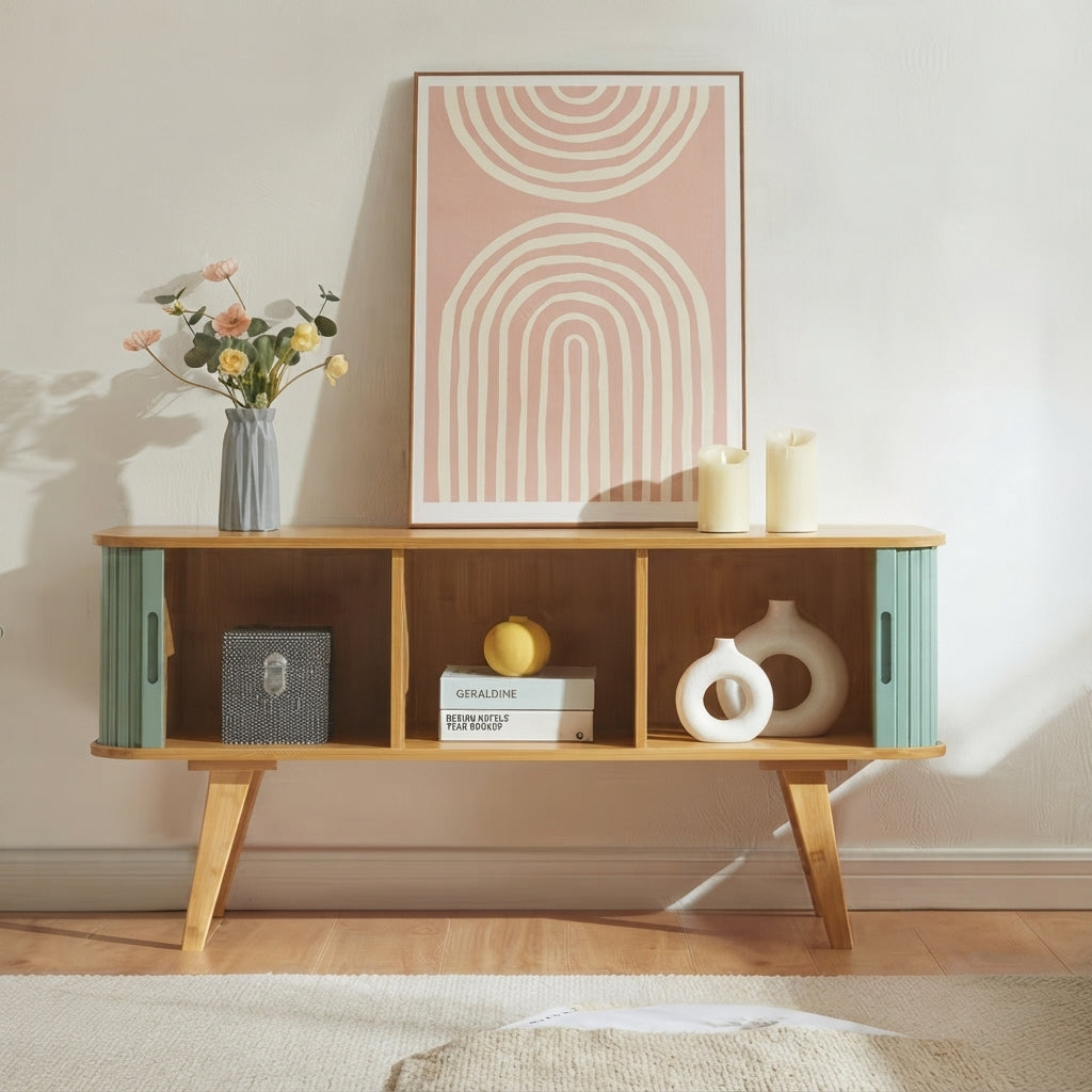 A mid-century modern wooden console table styled in a living room setting, featuring sage green side panels, open shelves, and angled legs. Decorative items including a vase of flowers, candles, books, and ceramic vases are arranged on and around it, with a matching pink and white arched art print hanging on the wall above.