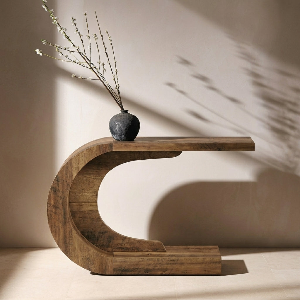 A sculptural curved wooden console table with a dark textured ceramic vase holding delicate branches, set against a warm beige wall with artistic leaf shadows.