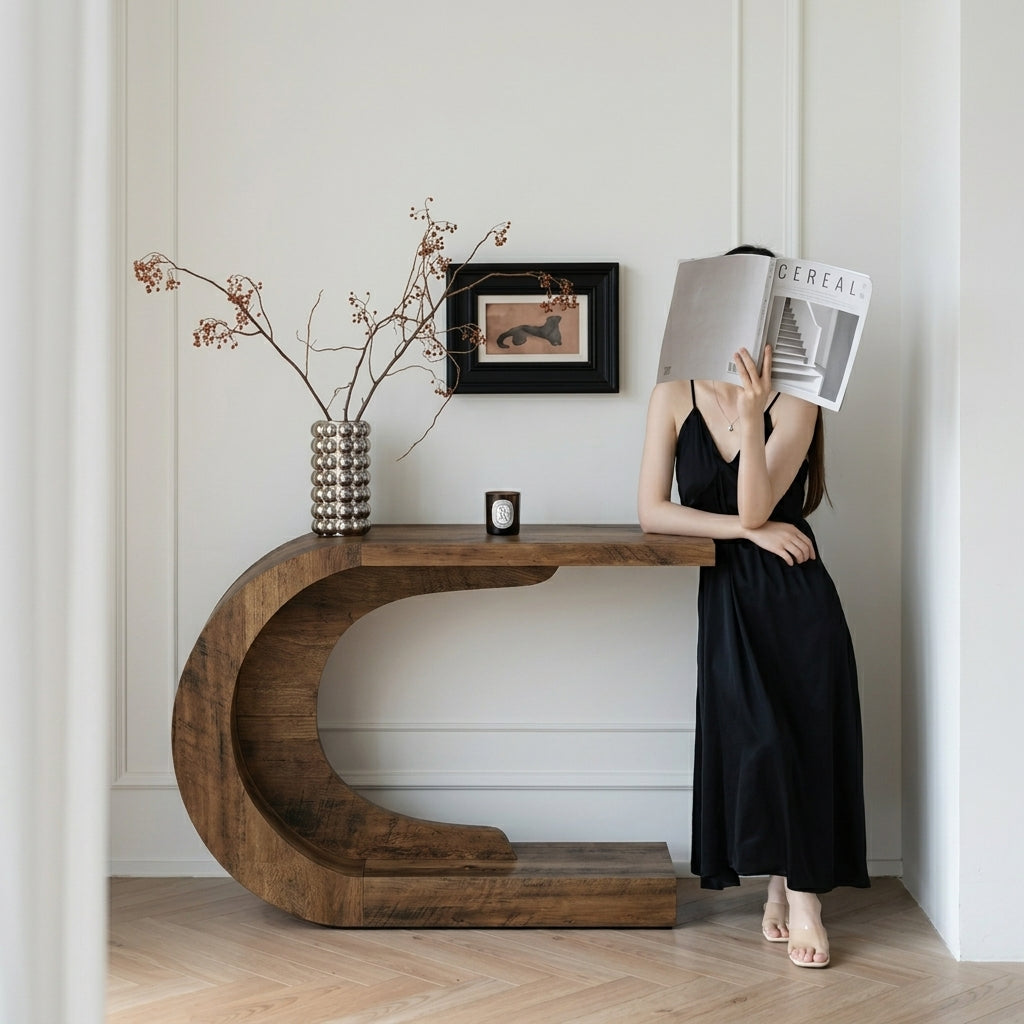 A woman in a black dress stands beside a sculptural curved wooden console table in a bright room, holding a magazine over her face. The table has a dark brown wood finish and holds a patterned vase with dried branches and a small clock.