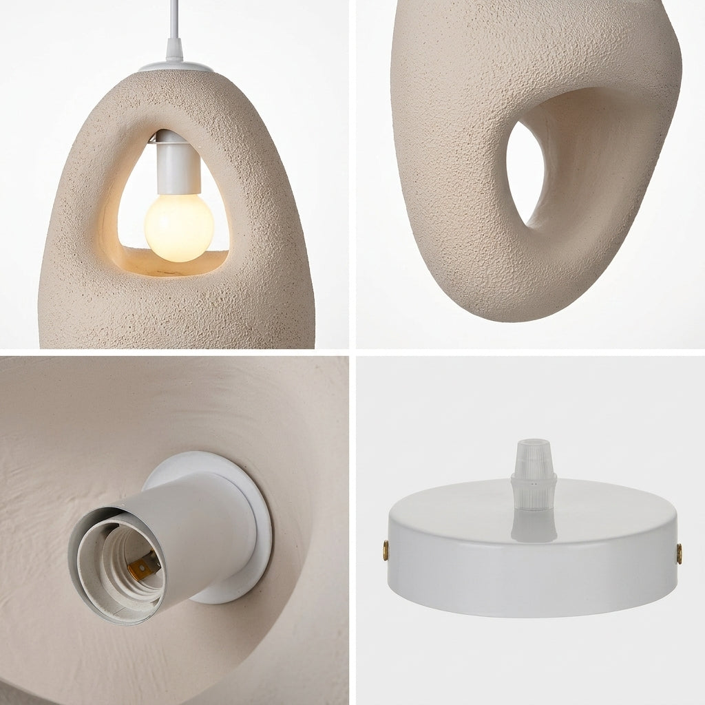 Four-panel product collage of a sculptural pendant light fixture. The top-left panel shows the lamp with a glowing bulb inside a textured beige looped shade.