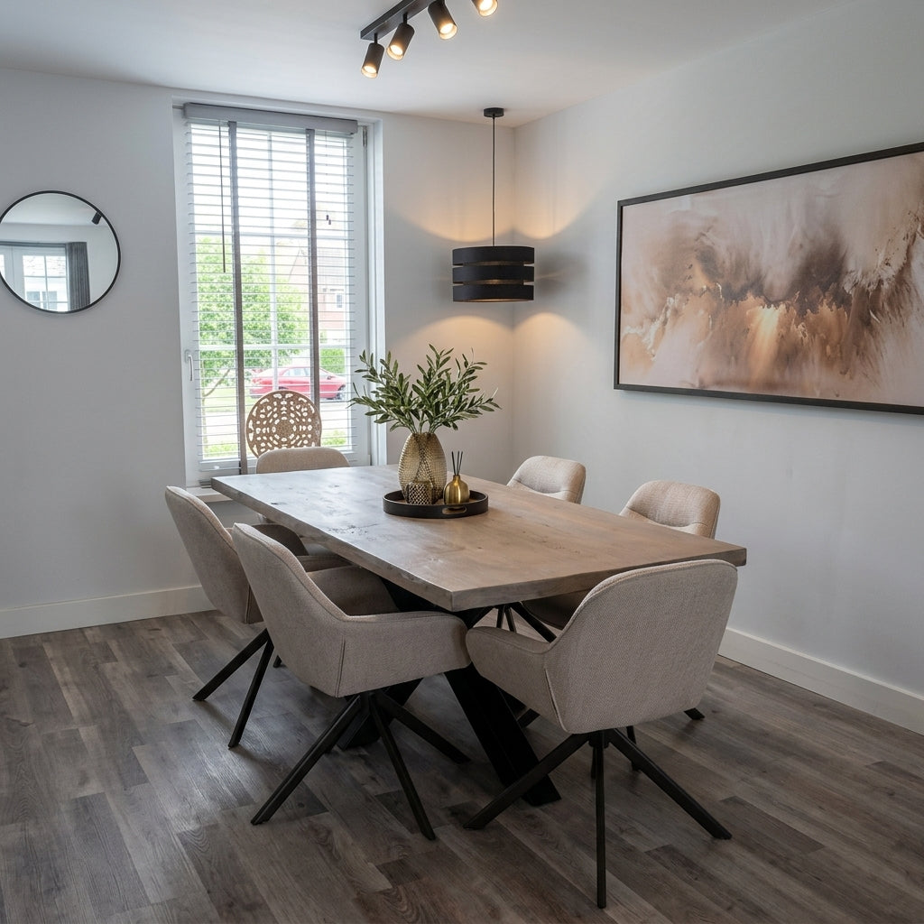 A modern dining room featuring a rectangular light wood table with six upholstered dining chairs in a neutral beige tone, set on dark wood-look flooring against white walls with a large abstract painting and a window.
